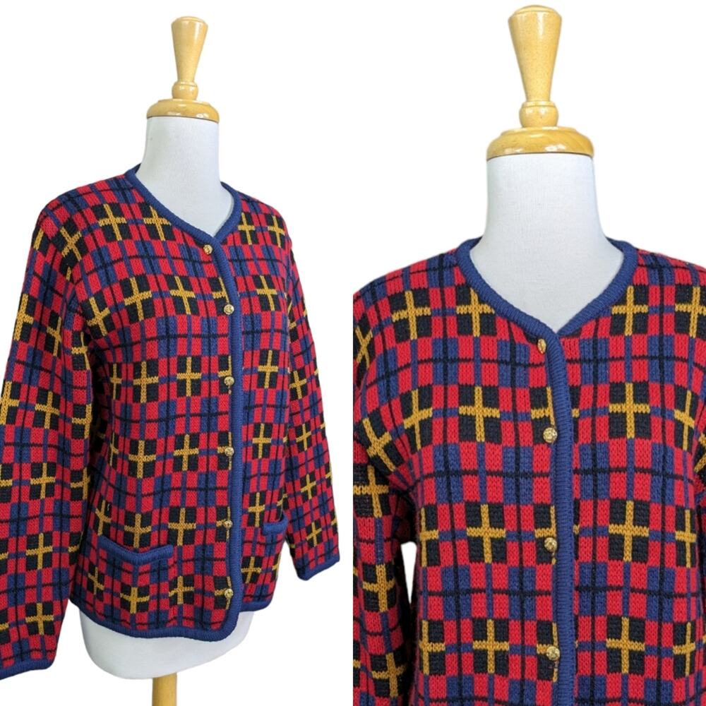 Vintage Crystal Kobe Cardigan Medium Red Blue Boxy Nordic Gold Buttons Pockets - Picture 2 of 14